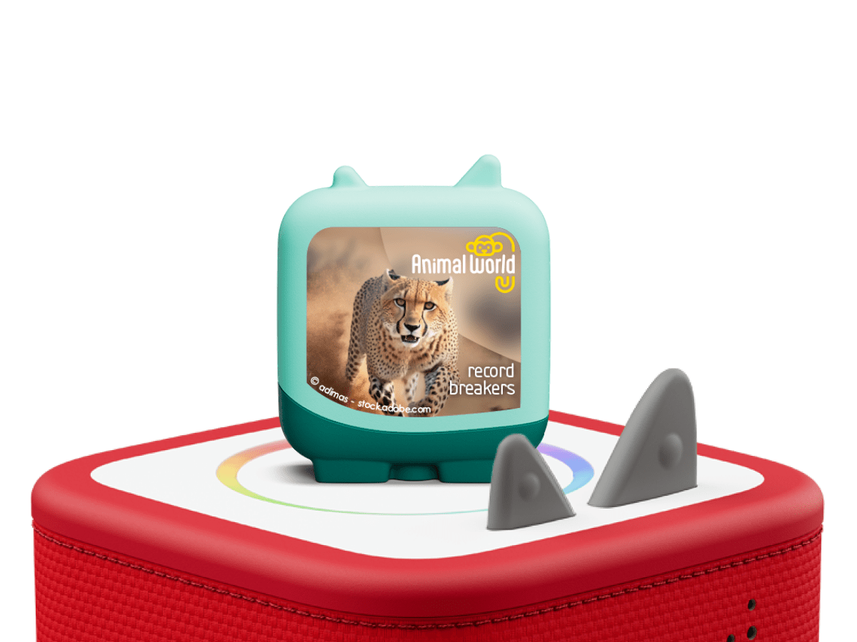 animal world record breakers clever tonies on a red Toniebox 2 ready to play audio stories and songs