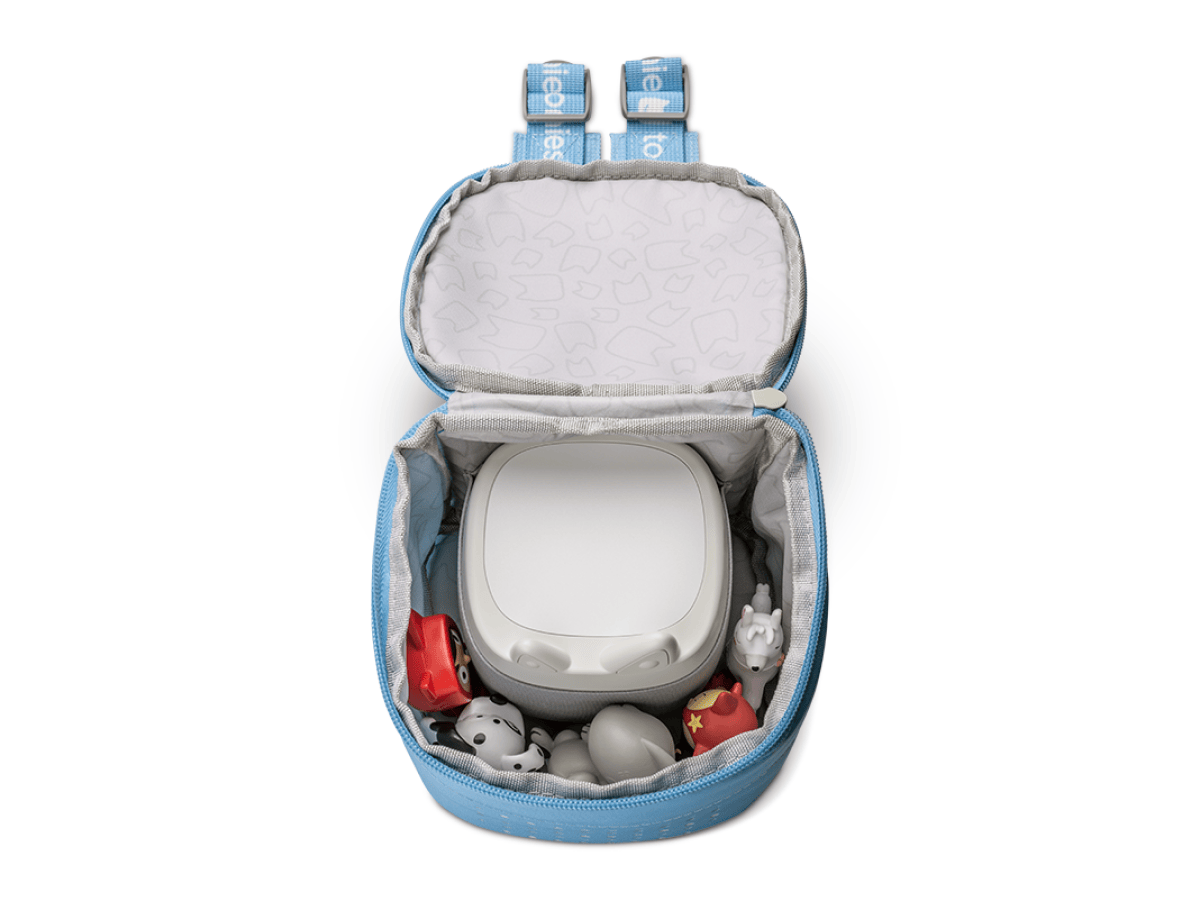 Toniebox Lite Backpack Arctic Blue with toniebox lite inside and Tonies