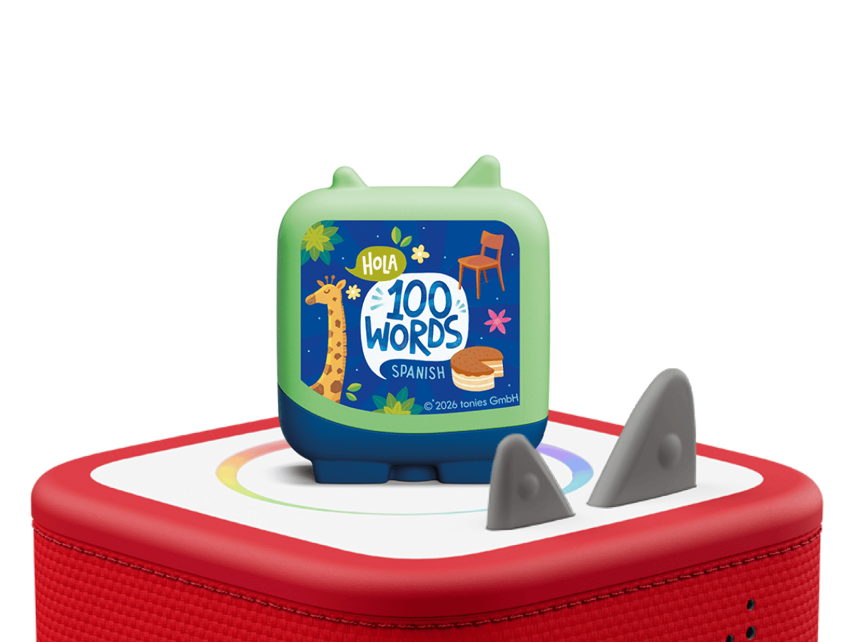Around the World in 100 Words Pocket Tonies - 4 Pack Tonie on a red Toniebox 2 ready to play audio stories and songs
