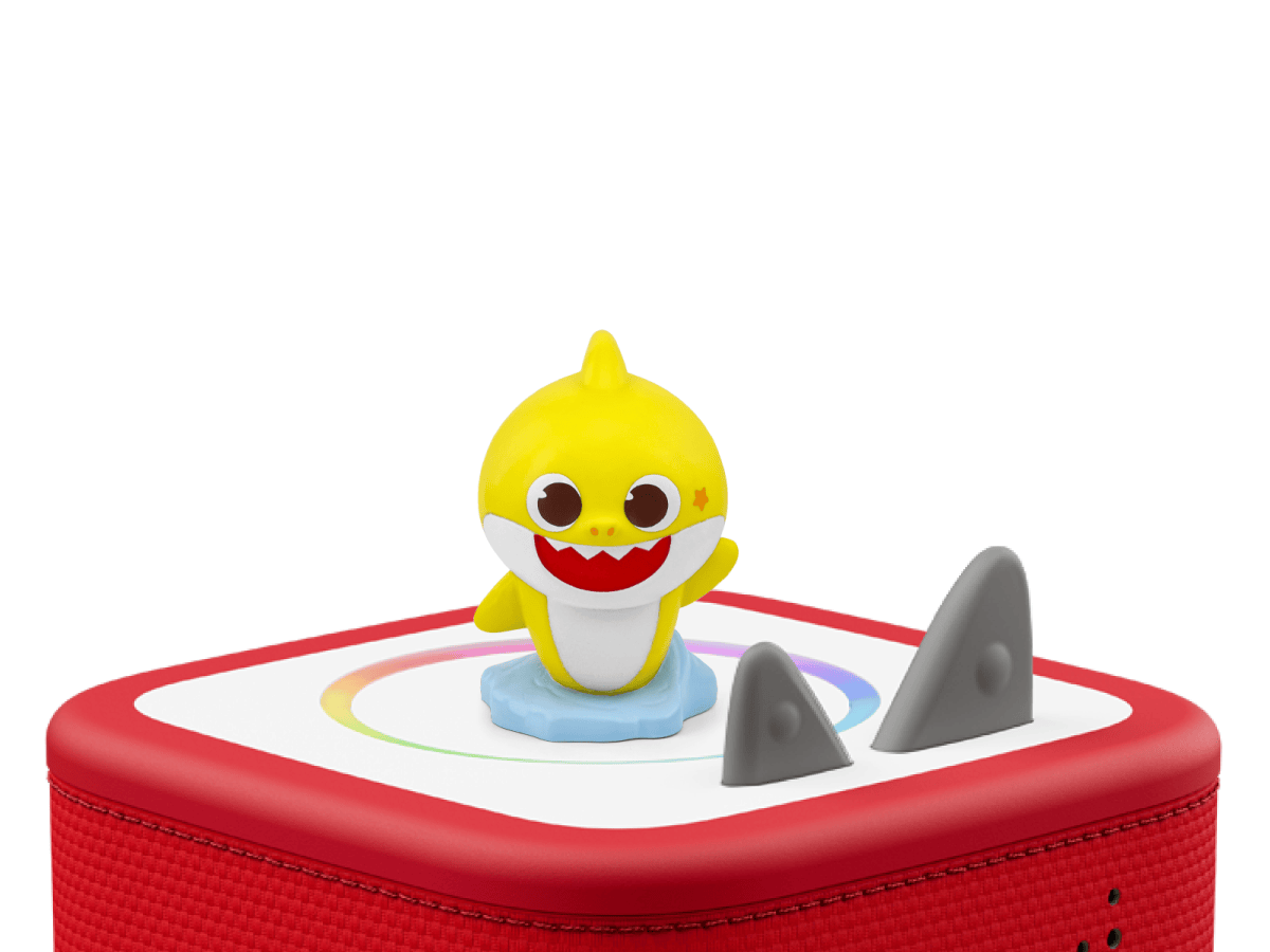 Baby Shark Tonie on a red Toniebox 2 ready to play audio stories and songs