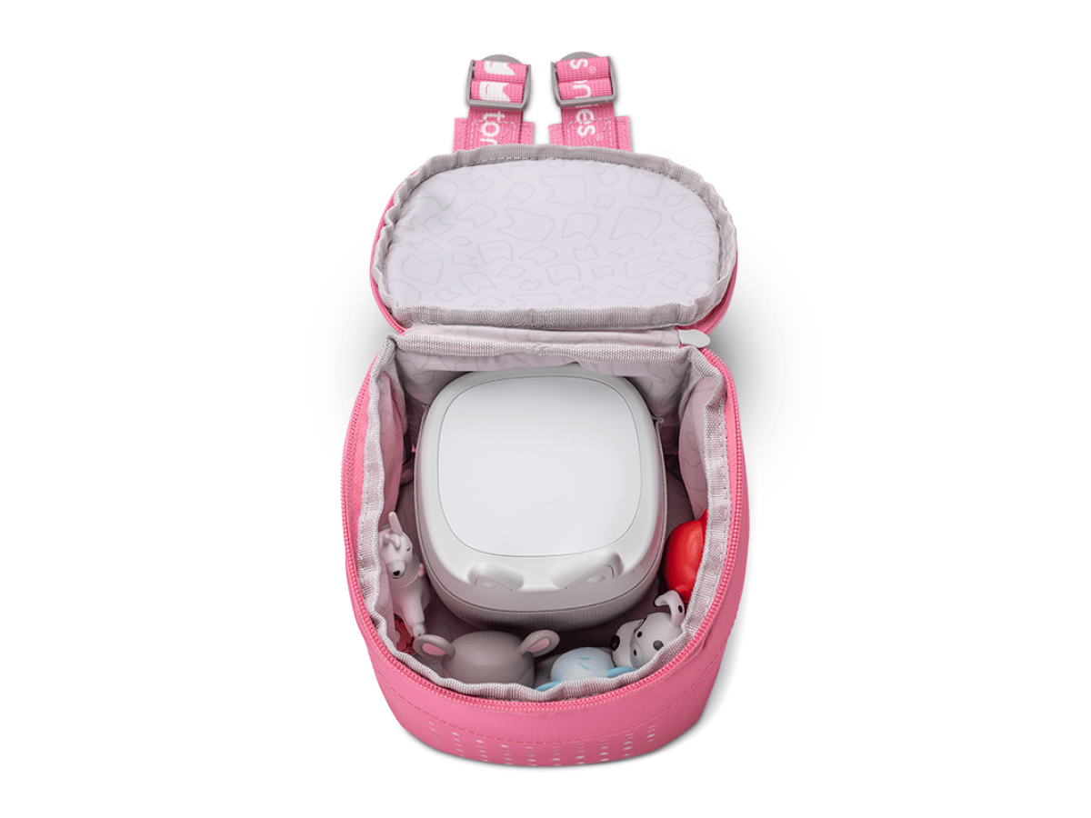 Toniebox Lite Backpack Berry Pink open view with toniebox lite inside and Tonies