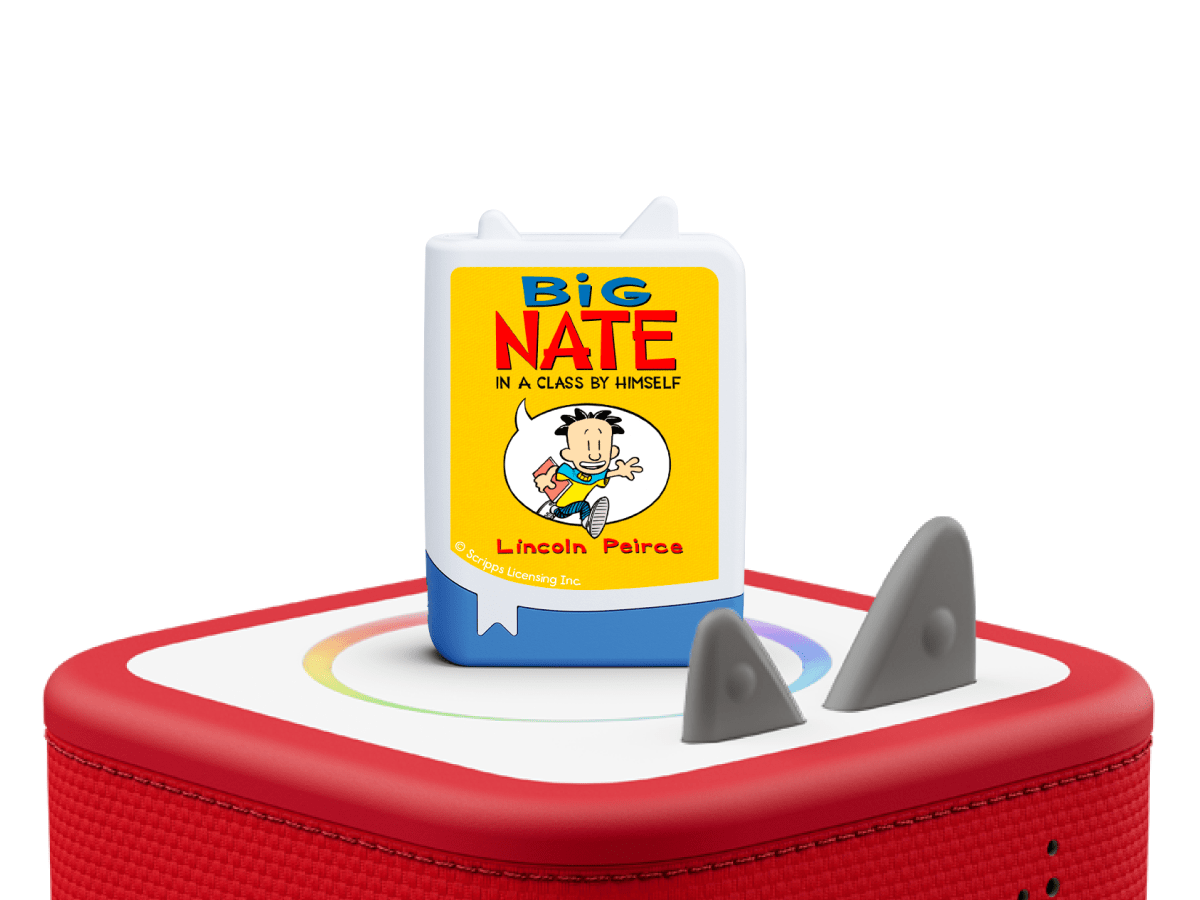 big nate audiobook tonies on a red Toniebox 2 ready to play audio stories and songs