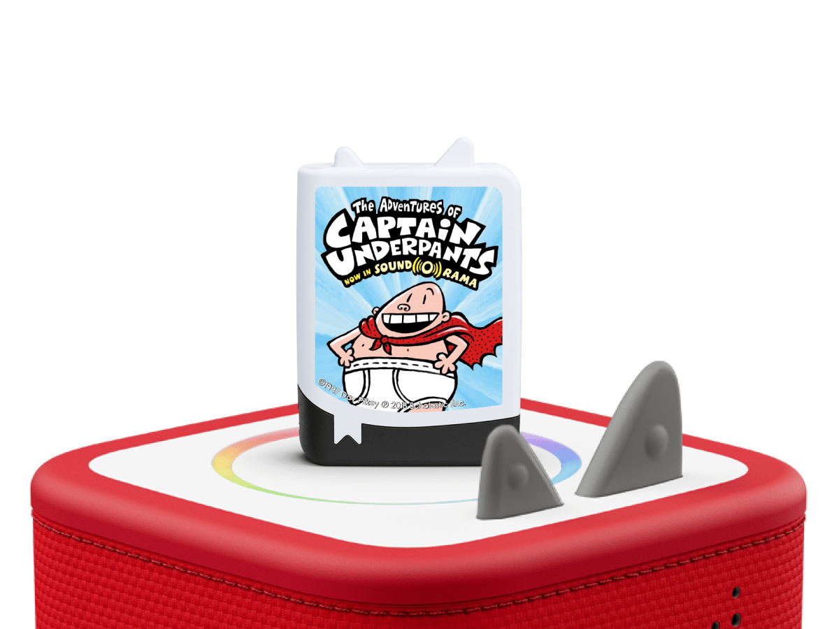 captain underpants audiobook tonies on a red Toniebox 2 ready to play audio stories and songs