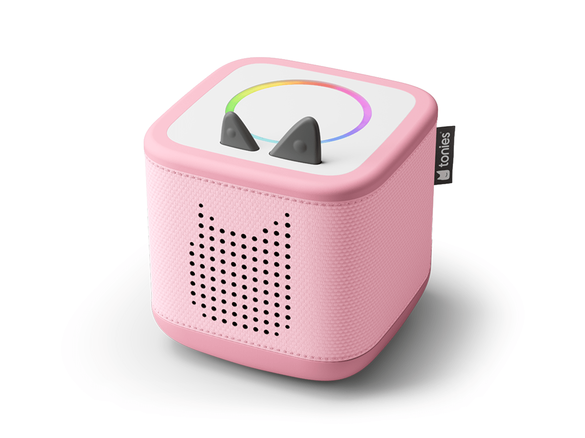 Top view of cloud pink Toniebox 2 an audio player for kids, used with Tonie audio figurines and Tonieplay games