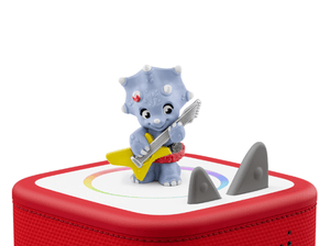 Dino Rockstars: The Greatest Band of Prehistoric Time Tonie on a red Toniebox 2 ready to play audio stories and songs