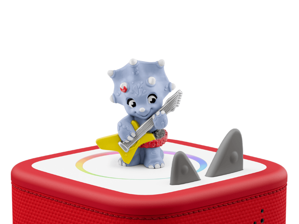 Dino Rockstars: The Greatest Band of Prehistoric Time Tonie on a red Toniebox 2 ready to play audio stories and songs