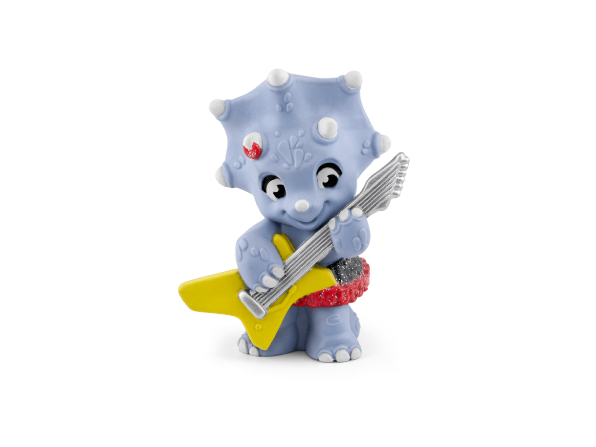 Dino Rockstars: The Greatest Band of Prehistoric Time Tonie on a red Toniebox 2 ready to play audio stories and songs