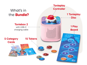 What’s in the bundle? Pink Toniebox 2, tonieplay controller, disney tonieplay game and USC-C charging cable