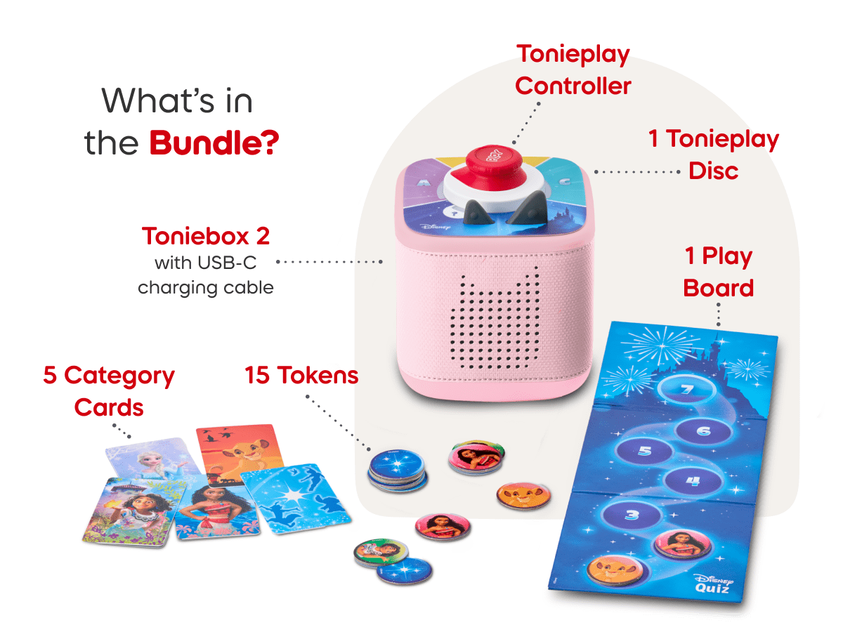 What’s in the bundle? Pink Toniebox 2, tonieplay controller, disney tonieplay game and USC-C charging cable