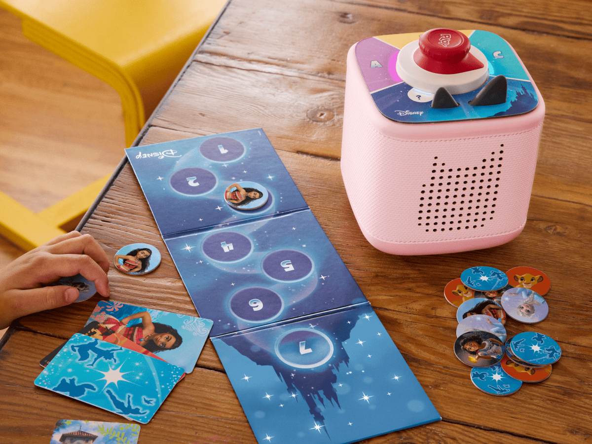 Child Playing With Pink Toniebox 2, Tonieplay Controller And Disney Tonieplay Game