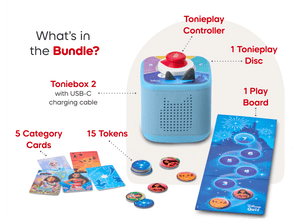 What’s in the bundle? blue Toniebox 2, tonieplay controller, disney tonieplay game and USC-C charging cable