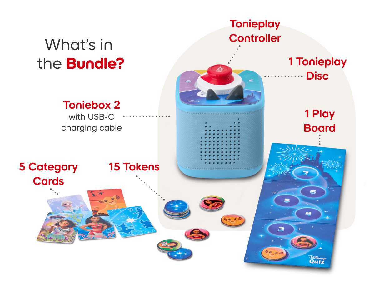 What’s in the bundle? blue Toniebox 2, tonieplay controller, disney tonieplay game and USC-C charging cable