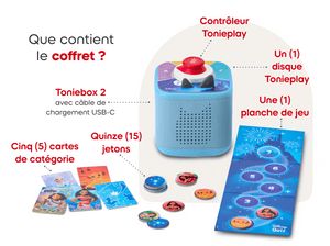 What’s in the bundle? blue Toniebox 2, tonieplay controller, disney tonieplay game and USC-C charging cable