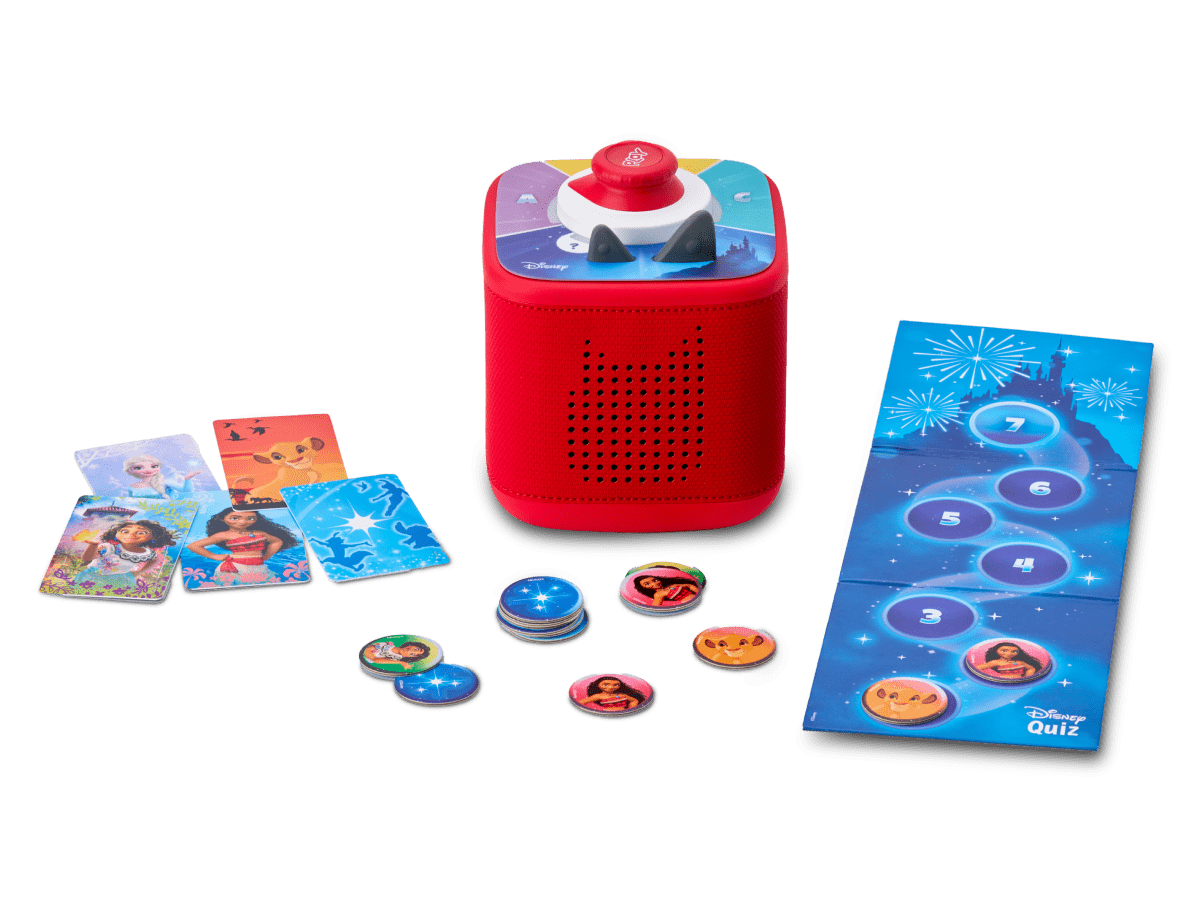 Disney game bundle with red Toniebox 2, tonieplay controller and disney tonieplay game