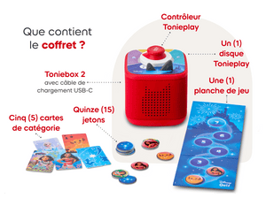 What’s in the bundle? red Toniebox 2, tonieplay controller, disney tonieplay game and USC-C charging cable