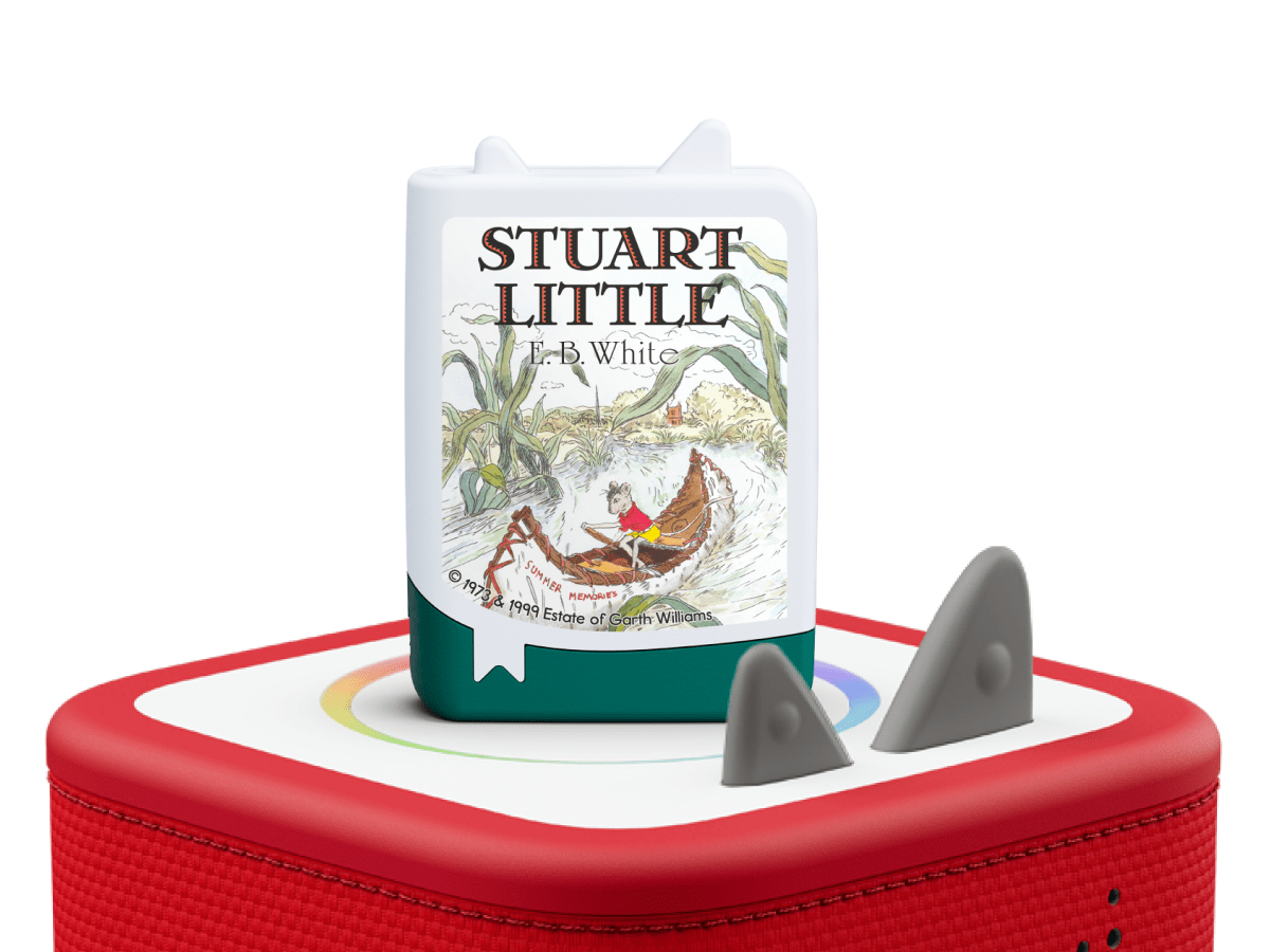 EB white audiobook tonies on a red Toniebox 2 ready to play audio stories and songs