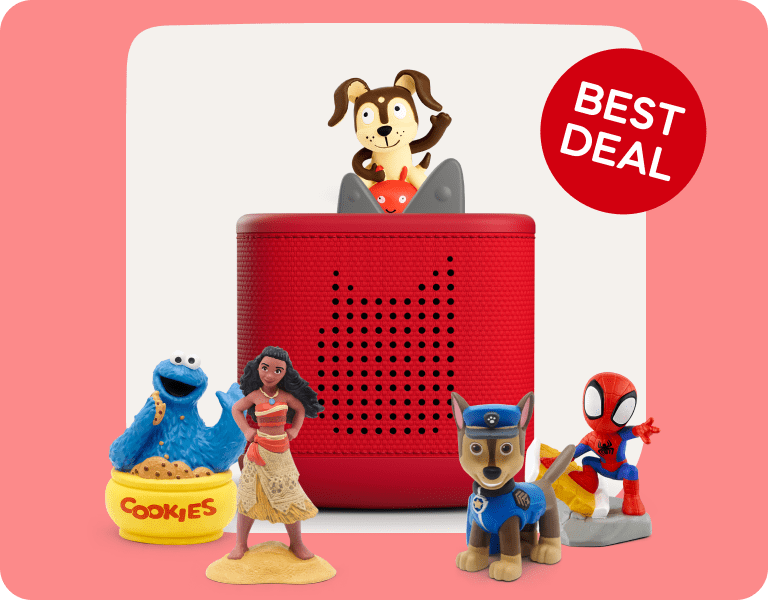 a collection of Tonies in front of a red Toniebox 2