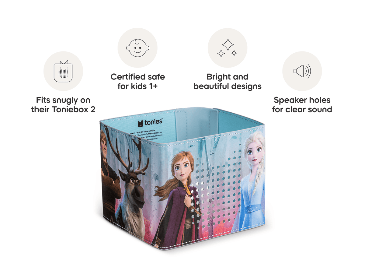 Disney Frozen Sleeve is in our line of sleeves that are compatible with Toniebox 2 which are easy to clean, 1+, and include bright and fun designs