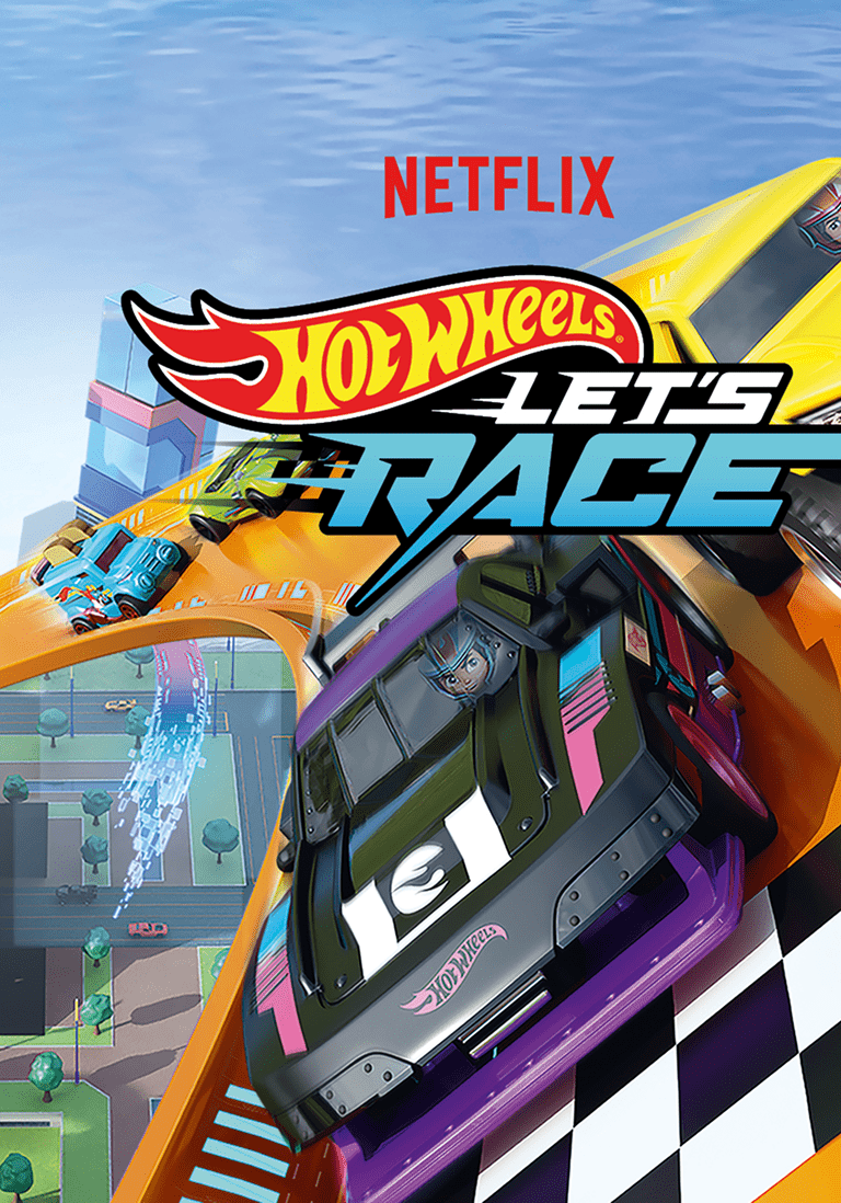 Promotional poster for 'Hot Wheels: Let's Race' on Netflix with colorful cars and a checkered racetrack
