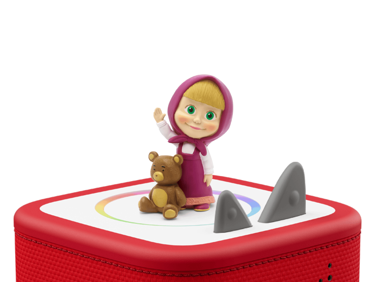 Masha & the Bear Tonie on a red Toniebox 2 ready to play audio stories and songs