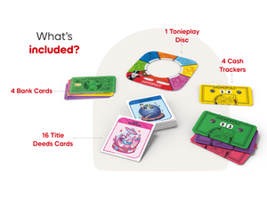 Tonieplay Monopoly Real Estate Rush includes Tonieplay Disc, and bank cards, title deed cards, cash trackers