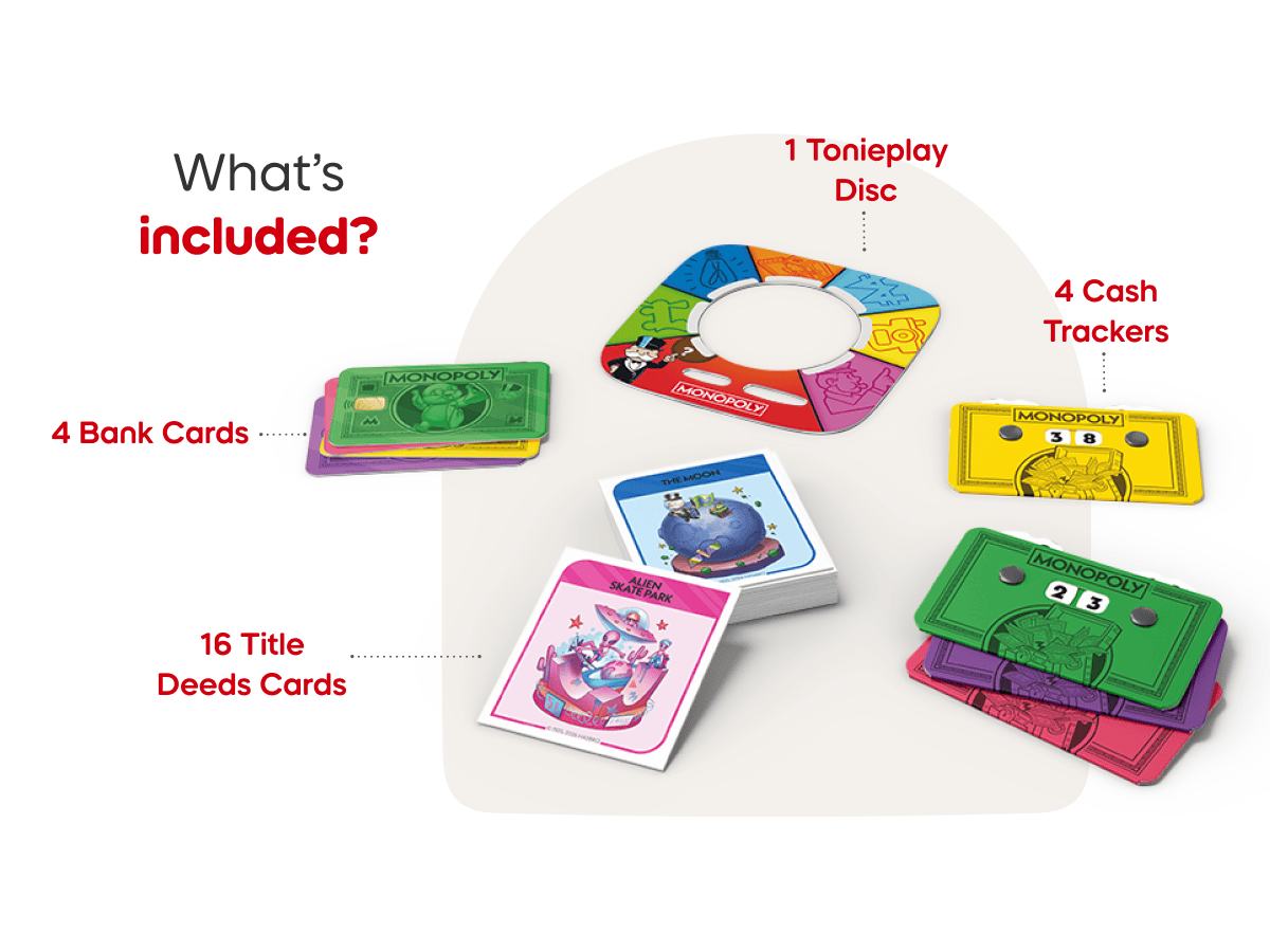 Tonieplay Monopoly Real Estate Rush includes Tonieplay Disc, and bank cards, title deed cards, cash trackers