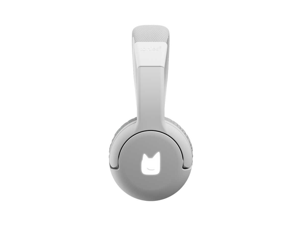 side view of the moon gray bluetooth headphones for kids with pulsating light illuminated