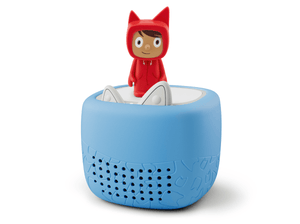 Toniebox Lite, an audio player for kids with Rubie Creative Tonie audio figurine and blue cover 
