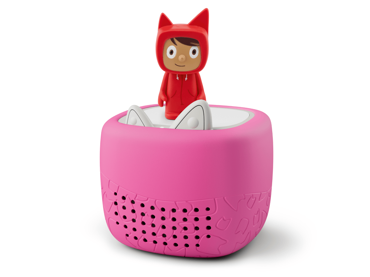 Toniebox Lite, an audio player for kids with Rubie Creative Tonie audio figurine and pink cover 