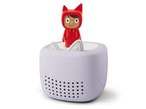 Toniebox Lite, an audio player for kids with Rubie Creative Tonie audio figurine and purple cover