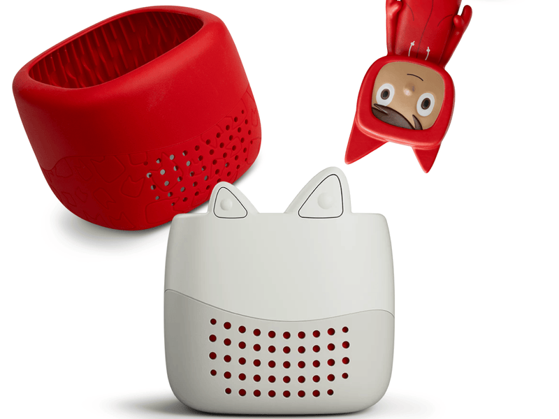 Toniebox Lite, an audio player for kids with Rubie Creative Tonie audio figurine and red cover | Illustration