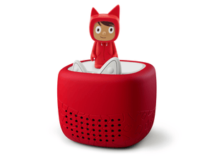 Toniebox Lite, an audio player for kids with Rubie Creative Tonie audio figurine and red cover 