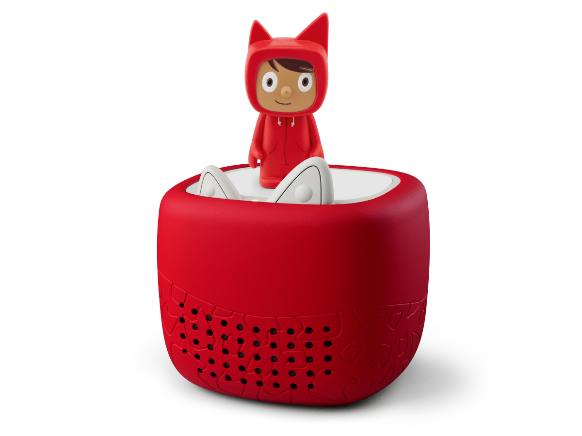 Toniebox Lite, an audio player for kids with Rubie Creative Tonie audio figurine and red cover 