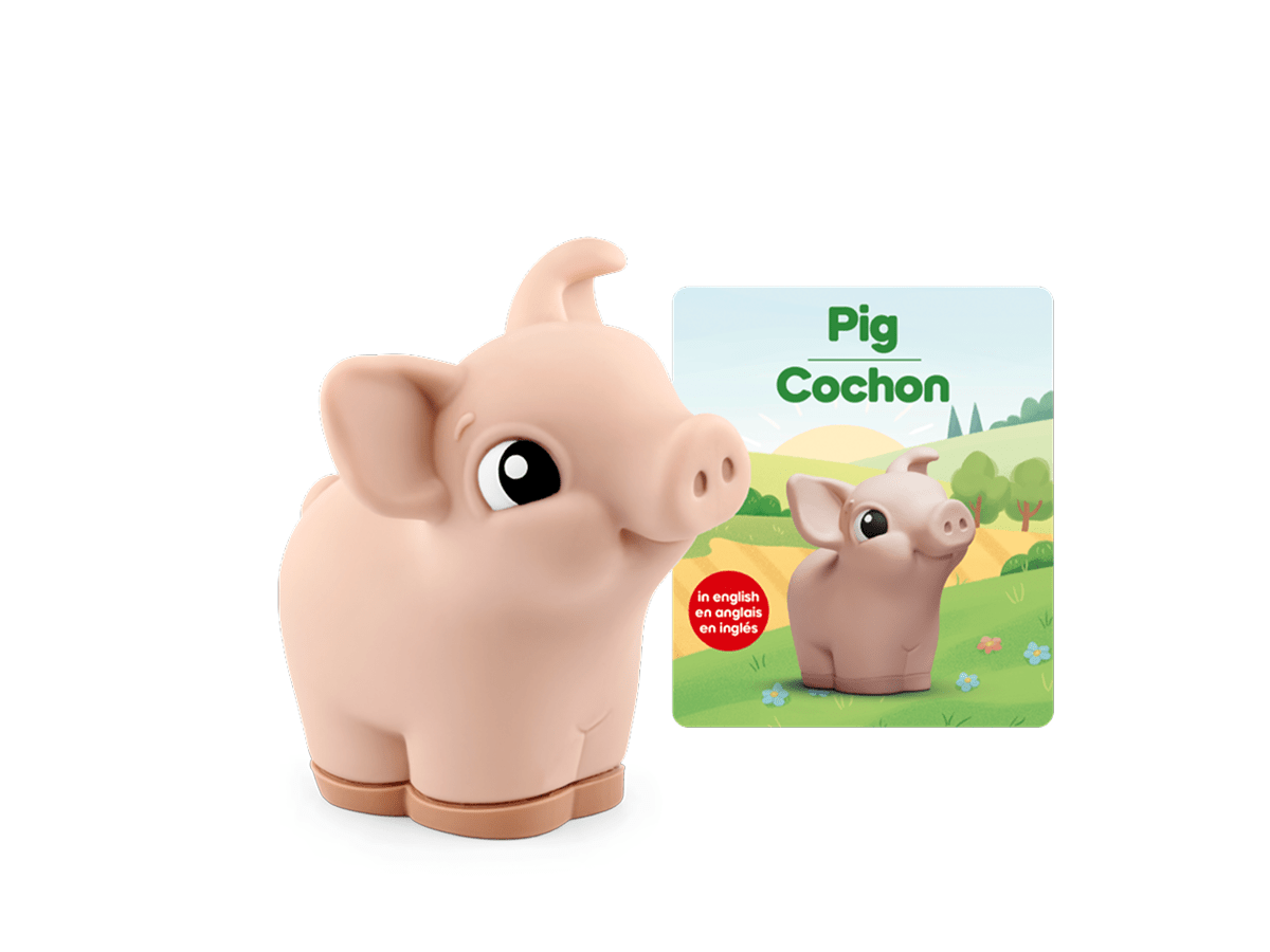 My First Tonies Pig audio figurine for the Toniebox, which plays audio content on a red toniebox and content card