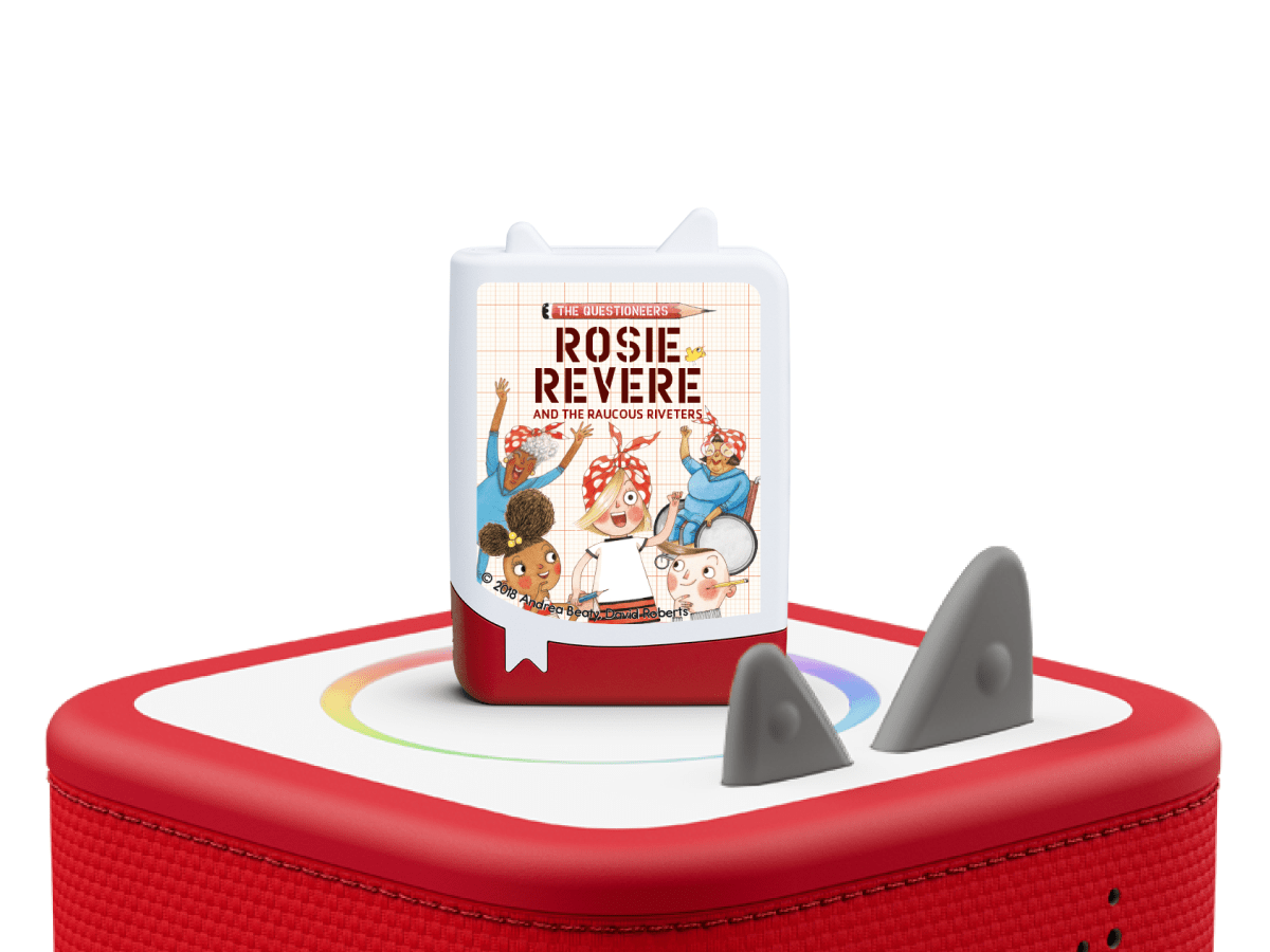 questioneers audiobook tonies on a red Toniebox 2 ready to play audio stories and songs
