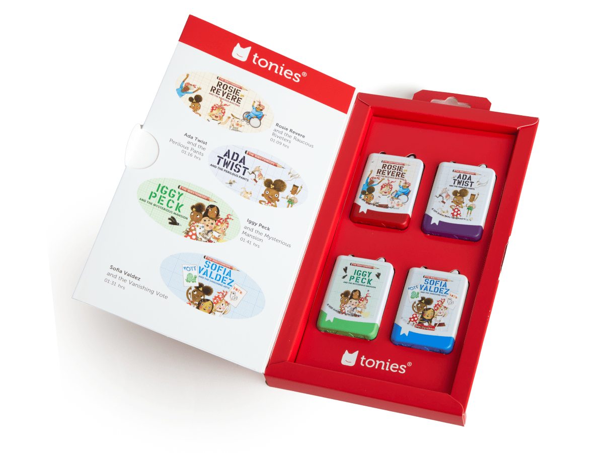 Inside view of Questioneers Audiobook Tonies - 4 Pack Packaging
