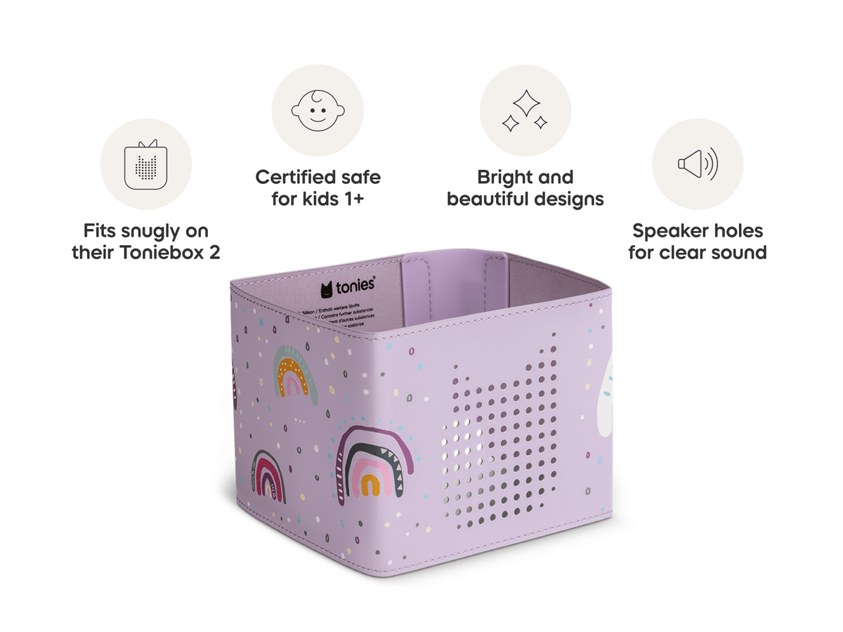 Rainbow Sleeve is in our line of sleeves that are compatible with Toniebox 2 which are easy to clean, 1+, and include bright and fun designs