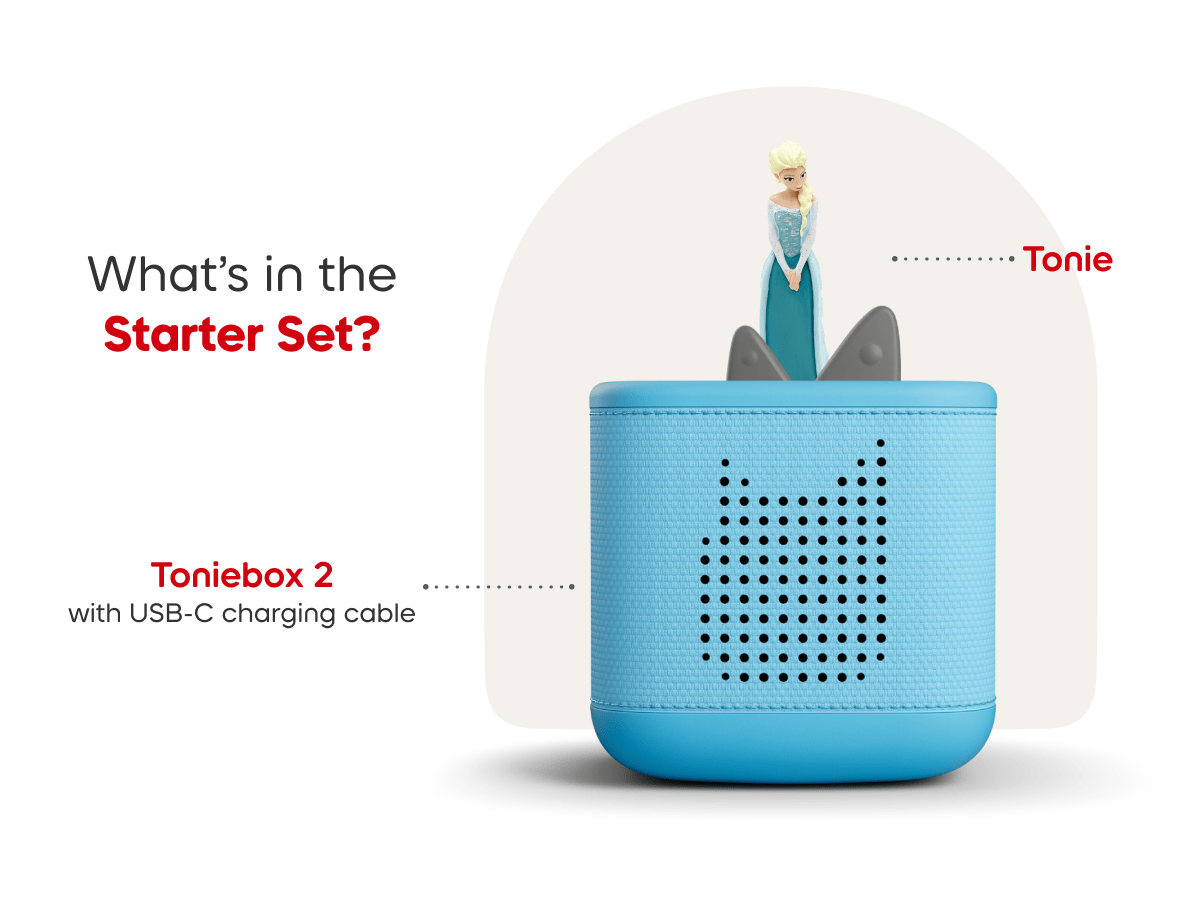 blue Toniebox 2 starter set includes Elsa audio figurine and usb-c charging cable