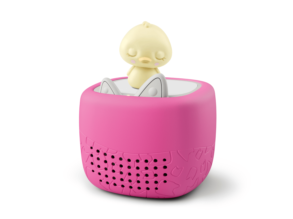 Toniebox Lite, an audio player for kids with Sleepy Duck Tonie audio figurine and pink cover