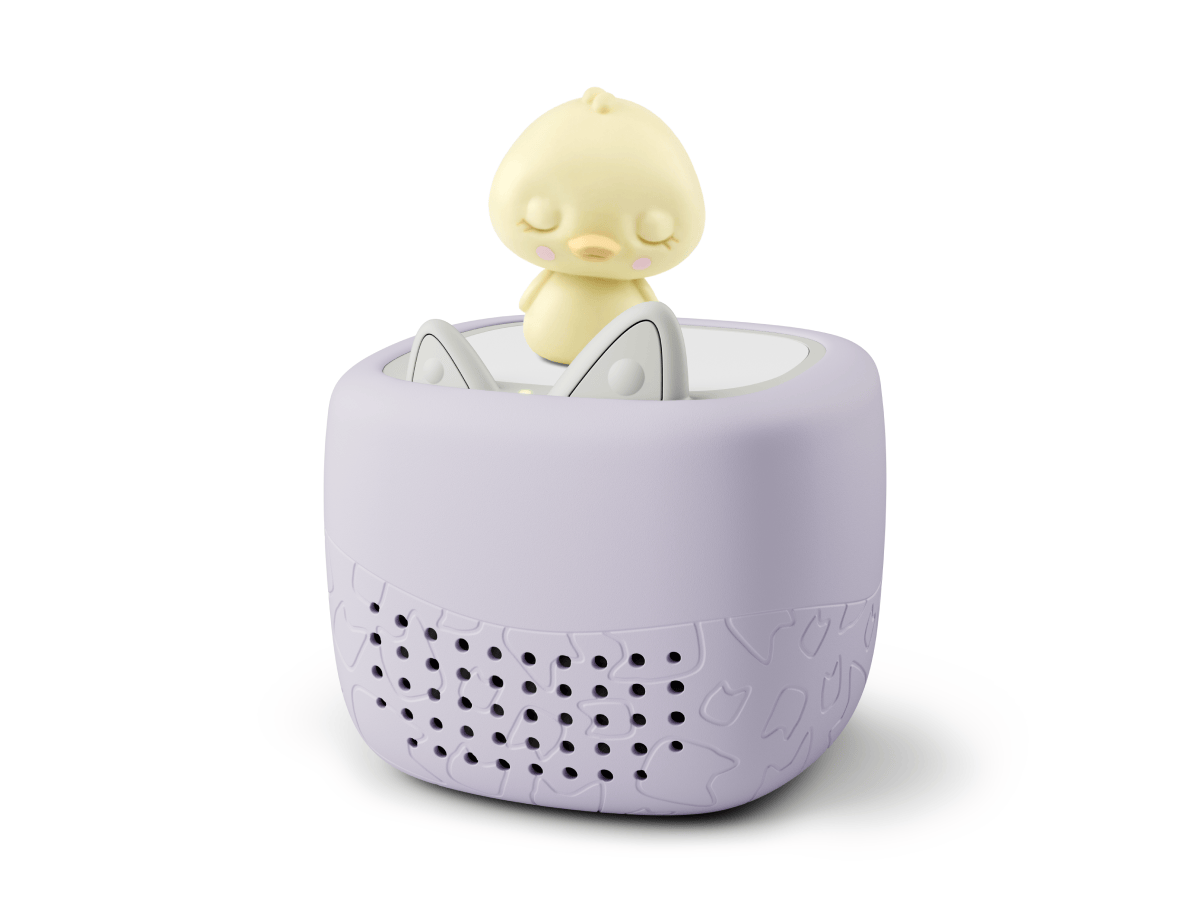 Toniebox Lite, an audio player for kids with Sleepy Duck Tonie audio figurine and purple cover