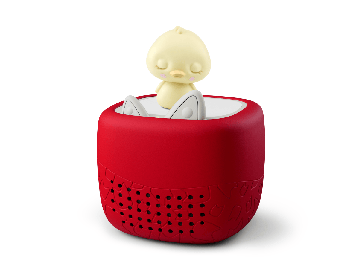 Toniebox Lite, an audio player for kids with Sleepy Duck Tonie audio figurine and red cover
