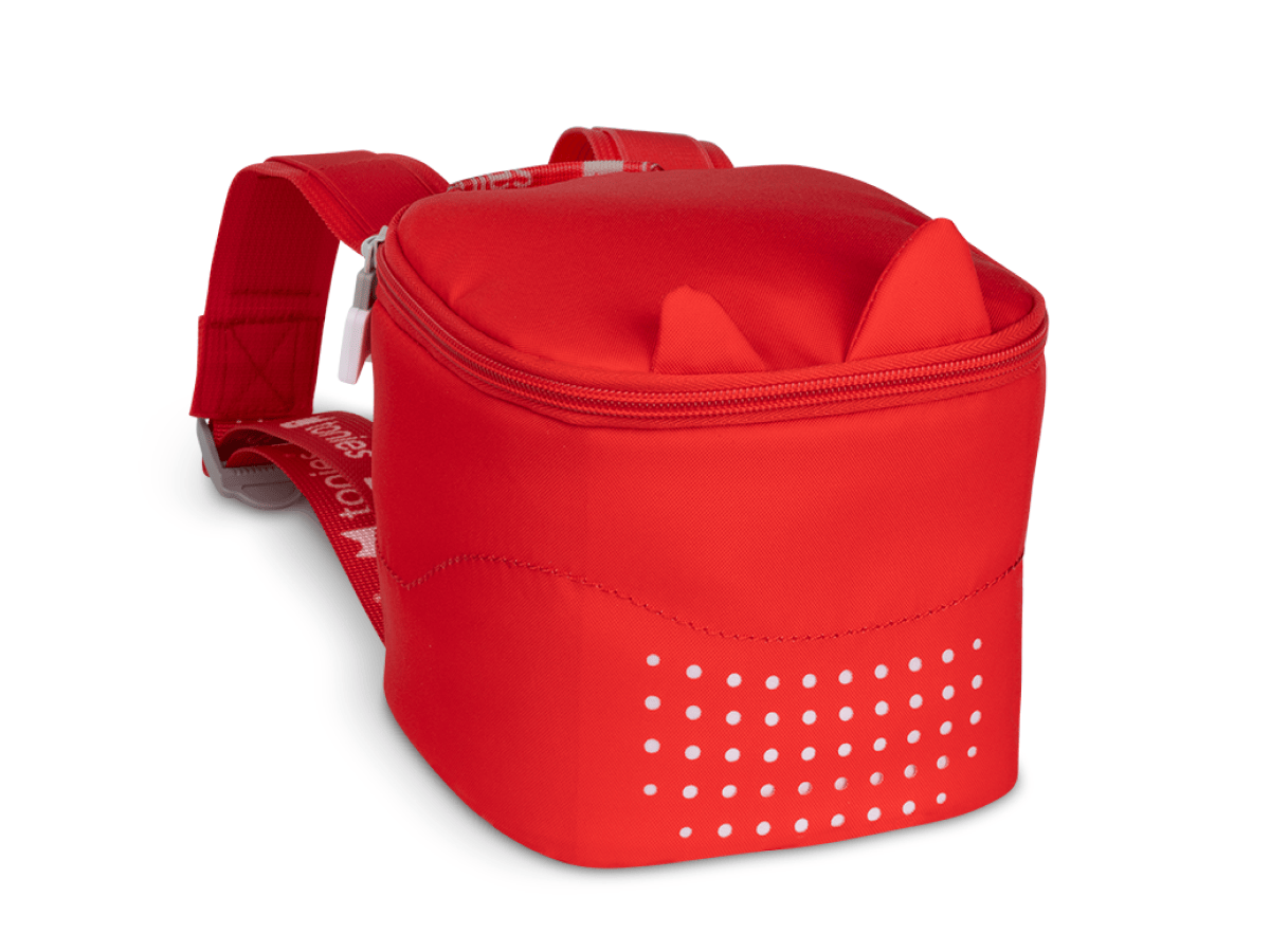 Front view of the Toniebox Lite Backpack in Sunset Red