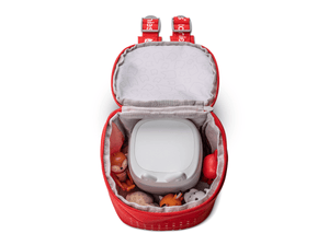 Toniebox Lite Backpack Sunset Red open view with toniebox lite inside and Tonies