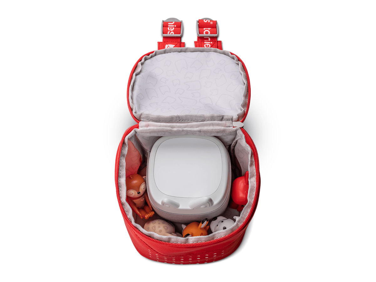 Toniebox Lite Backpack Sunset Red open view with toniebox lite inside and Tonies