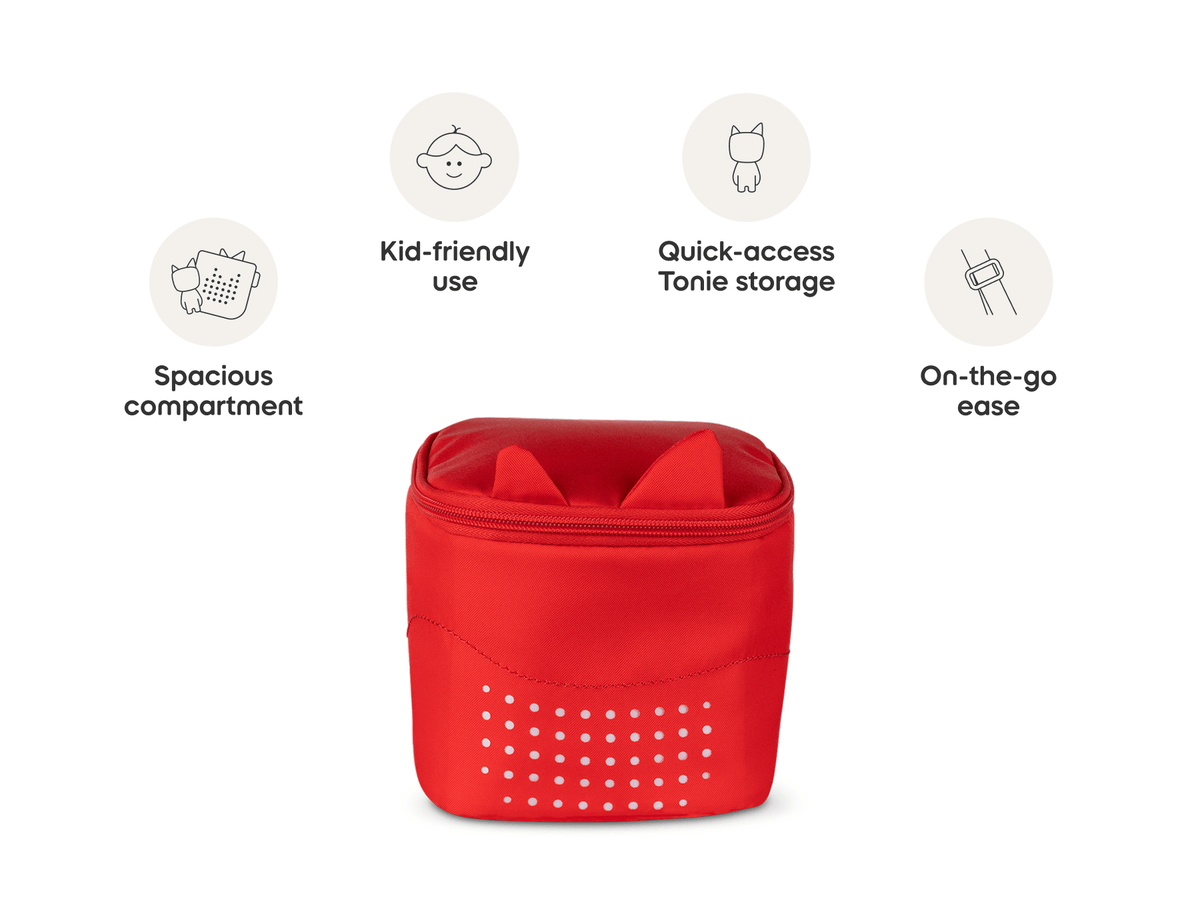 Toniebox Lite Backpack Sunset Red with content callouts