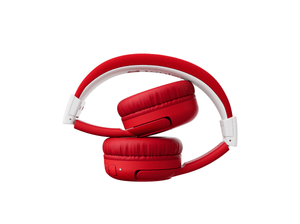 sunset red bluetooth headphones for kids in a folded position