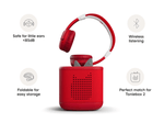 red bluetooth headphones for kids give little listeners the freedom to enjoy their stories without cords
