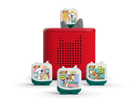 The letter carriers on a red toniebox Toniebox 2 ready to play audio stories and songs