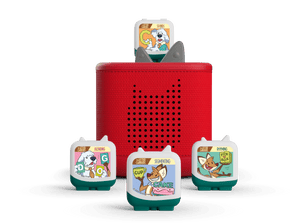 The letter carriers on a red toniebox Toniebox 2 ready to play audio stories and songs