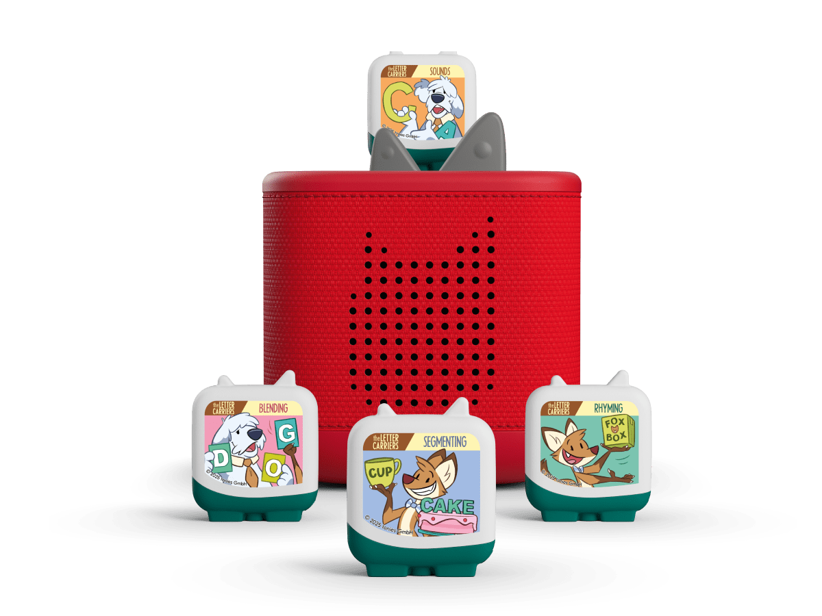 The letter carriers on a red toniebox Toniebox 2 ready to play audio stories and songs